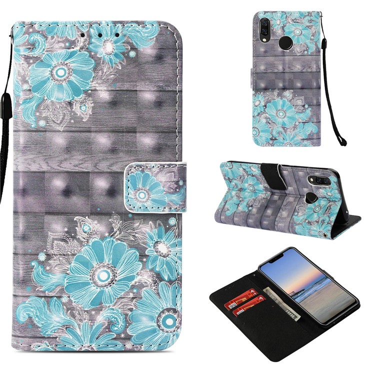 Wallet Stand Patterned Leather Case Cover for Huawei nova 3i / P Smart+ - Blue Flower-1
