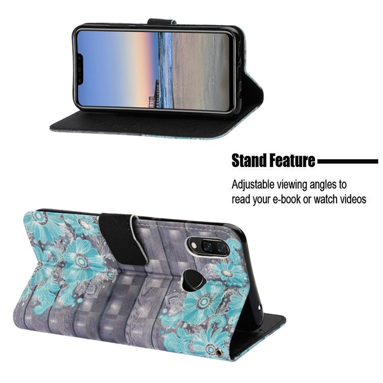 Wallet Stand Patterned Leather Case Cover for Huawei nova 3i / P Smart+ - Blue Flower-4