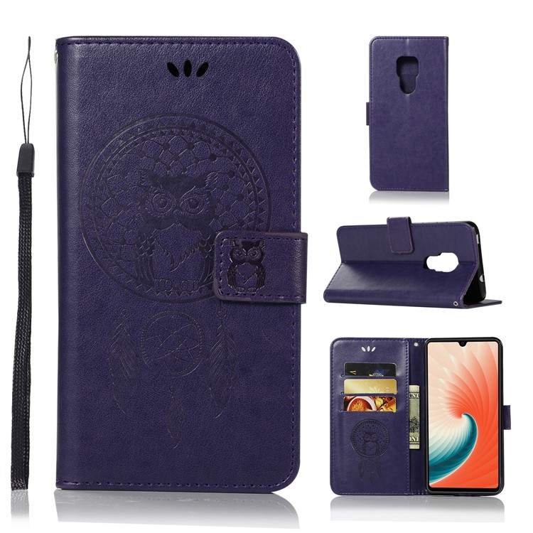 Pie De Imprenta Búho Atrapasueños Billetera Soporte De Cuero Cáscara Protectora Para Huawei Mate 20 - Púrpura-1