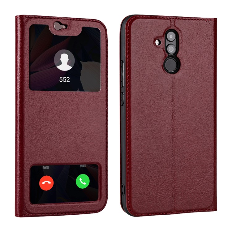 Dual Window Cowhide Leather Flip Stand Cover for Huawei Maimang 7 / Mate 20 Lite - Wine Red-1