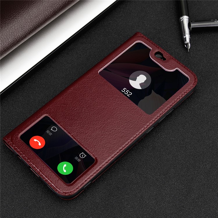 Dual Window Cowhide Leather Flip Stand Cover for Huawei Maimang 7 / Mate 20 Lite - Wine Red-2