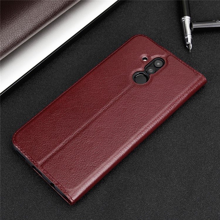 Dual Window Cowhide Leather Flip Stand Cover for Huawei Maimang 7 / Mate 20 Lite - Wine Red-3