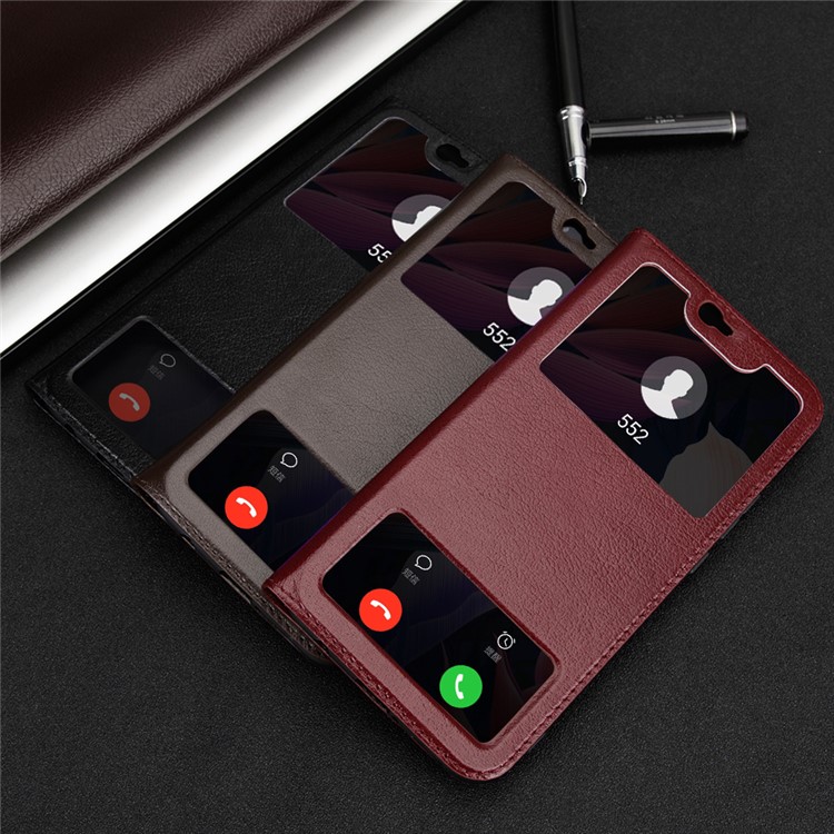 Dual Window Cowhide Leather Flip Stand Cover for Huawei Maimang 7 / Mate 20 Lite - Wine Red-4