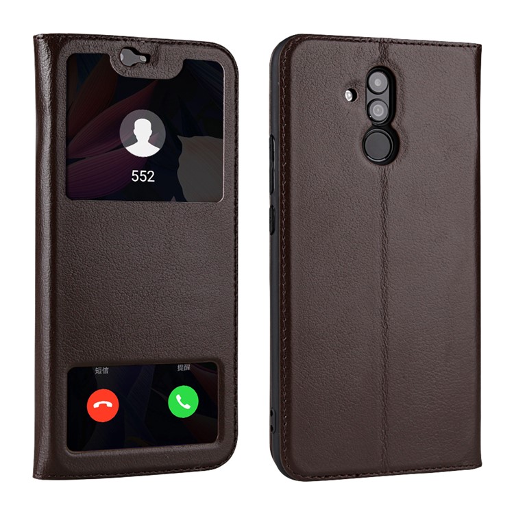 Dual Window Stand Cowhide Leather Case Shell for Huawei Maimang 7 / Mate 20 Lite - Coffee-1