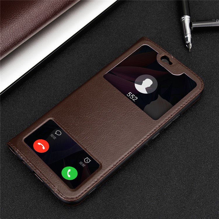 Dual Window Stand Cowhide Leather Case Shell for Huawei Maimang 7 / Mate 20 Lite - Coffee-2