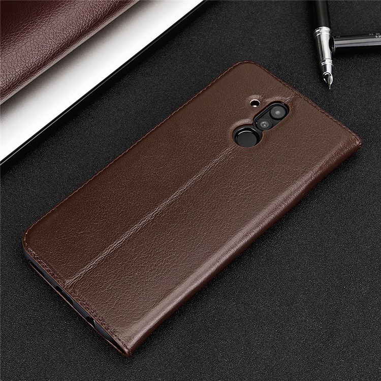Dual Window Stand Cowhide Leather Case Shell for Huawei Maimang 7 / Mate 20 Lite - Coffee-3