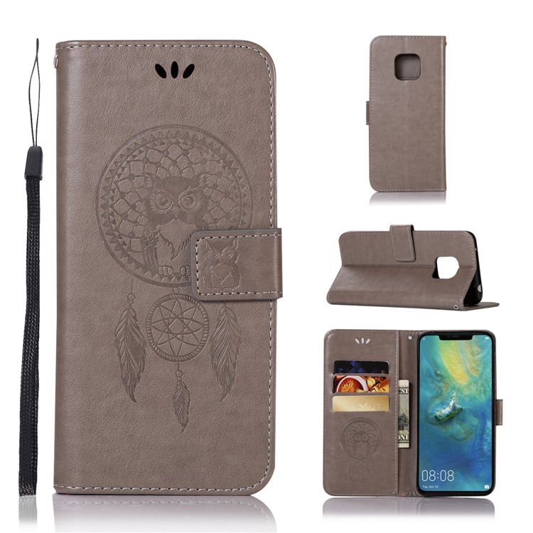 Imprint Owl Dream Catcher PU Leather Cover for Huawei Mate 20 Pro - Grey-1