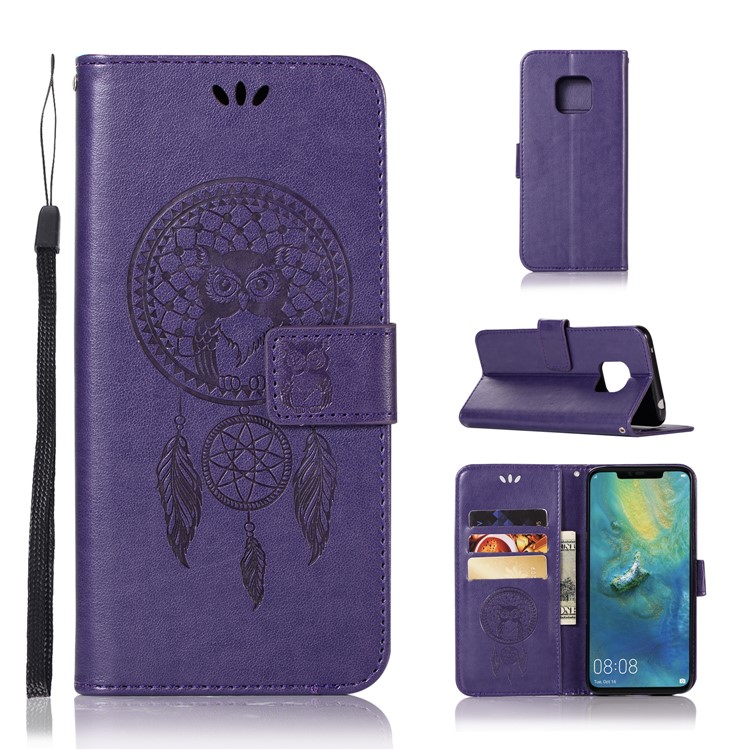 Imprint Owl Dream Catcher 3 Card Slots Leather Wallet Case for Huawei Mate 20 Pro - Purple-1