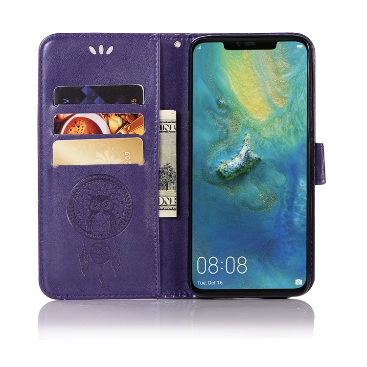 Imprint Owl Dream Catcher 3 Card Slots Leather Wallet Case for Huawei Mate 20 Pro - Purple-4