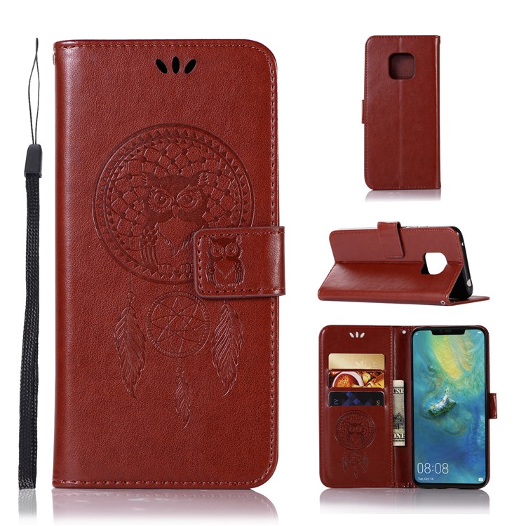 Imprint Owl Dream Catcher Stand Wallet Leather All-round Protection Mobile Phone Case for Huawei Mate 20 Pro - Brown-1