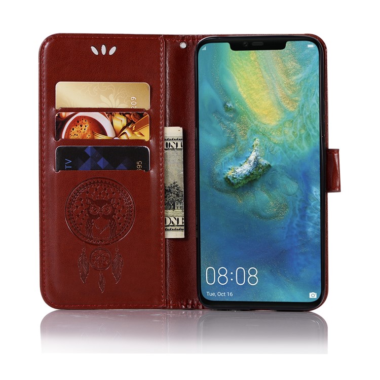 Imprint Owl Dream Catcher Stand Wallet Leather All-round Protection Mobile Phone Case for Huawei Mate 20 Pro - Brown-4