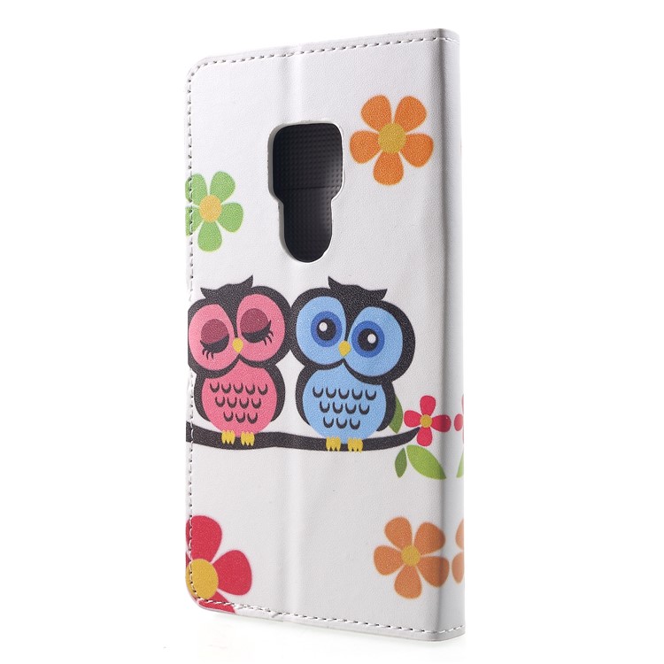 Pattern Printing PU Leather Magnetic Wallet Stand Cell Phone Shell for Huawei Mate 20 - Owl Couple-2