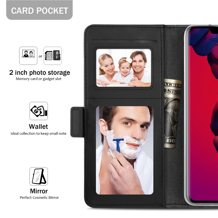 Leather Wallet Stand Case with Card Holder and Makeup Mirror for Huawei Mate 20 Pro - Black-5