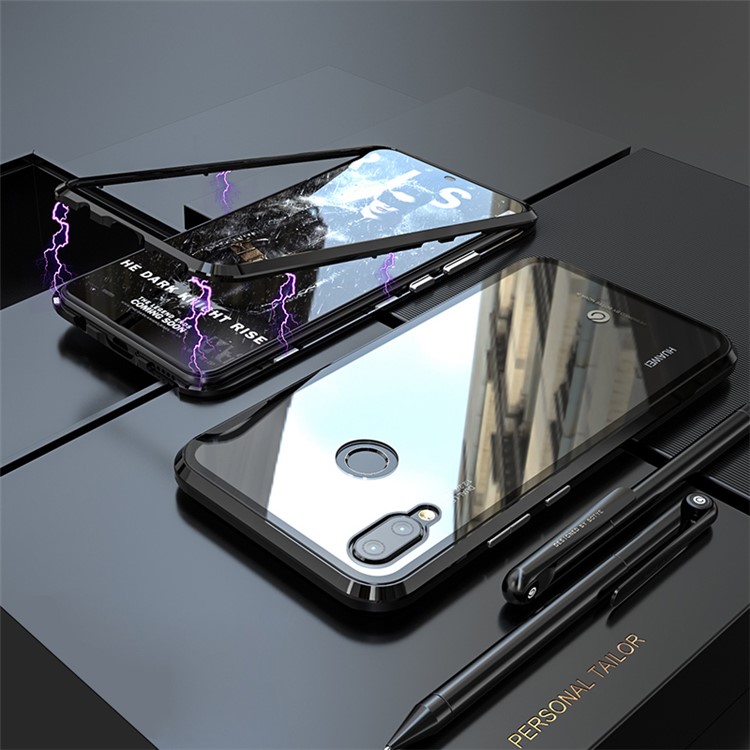 Magnetic Attraction Metal Frame + Tempered Glass Back Case for Huawei P Smart+ / nova 3i - Black-1