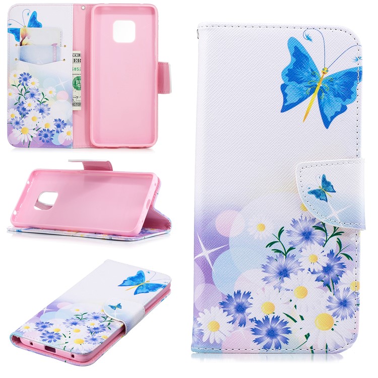 Padrão De Impressão Carteira Flip Stand Telefone Capa De Couro PU Para Huawei Mate 20 Pro - Borboletas Azuis-1