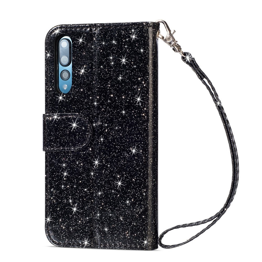 Flash Powder Zippered Stand Leather Wallet Case with Strap for Huawei P20 Pro - Black-4