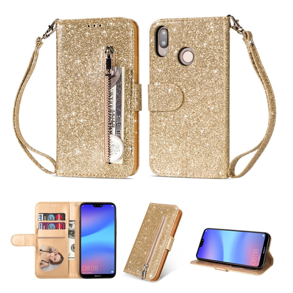 Funda Protectora Para Teléfono Móvil Con Cremallera Y Soporte Para Teléfono Móvil Con Correa Para Huawei P20 Lite / Nova 3e (china) - Oro-1