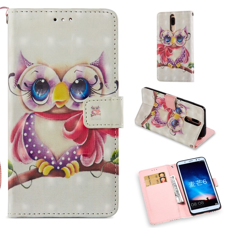 Pattern Printing Light Spot Decor Stand Leather Wallet Case for Huawei Mate 10 Lite / nova 2i / Maimang 6 / Honor 9i (India) - Owl-1