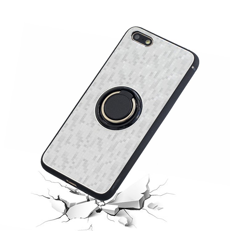 For Huawei Y5 (2018) / Y5 Prime (2018) / Honor 7s / Honor Play 7 Mosaic Pattern Metal PC TPU Hybrid Phone Case with Finger Ring Kickstand - Silver-3