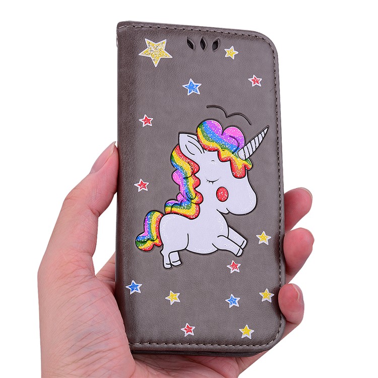 Flash Powder Unicorn Pattern PU Leather Cover for Huawei Y6 (2018) / Honor 7A (without Fingerprint Sensor) - Grey-3