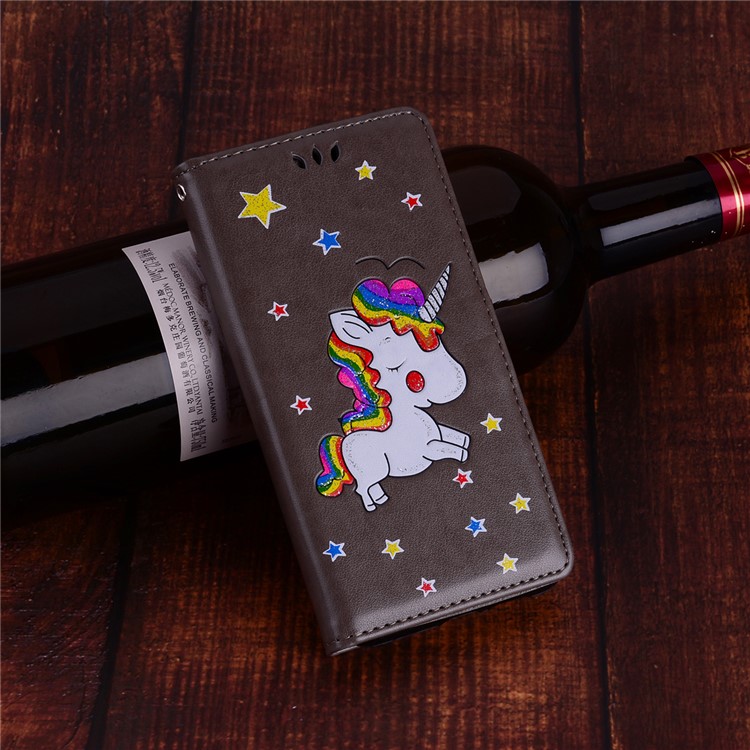 Flash Powder Unicorn Pattern PU Leather Cover for Huawei Y6 (2018) / Honor 7A (without Fingerprint Sensor) - Grey-8