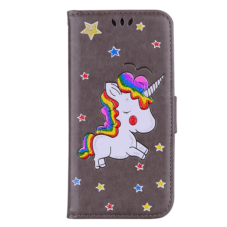 Flash Powder Unicorn Pattern Leather Case for Huawei Y5 (2018) / Y5 Prime (2018) / Honor 7s / Play 7 - Grey-1