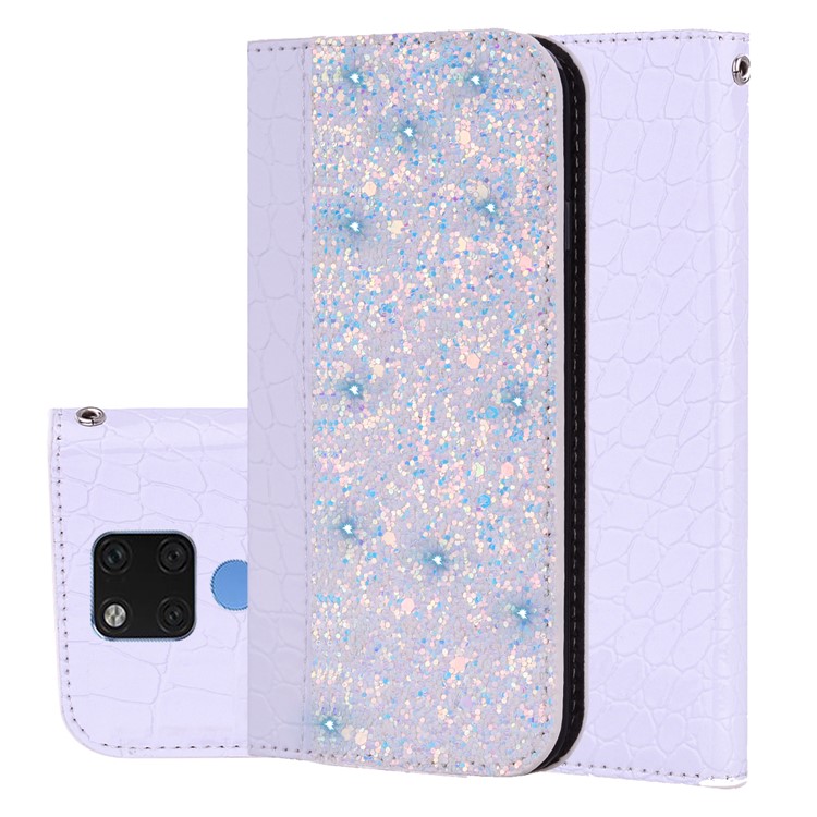 Crocodile Texture Glittery Sequins Splicing PU Leather Auto-absorbed Card Slot Cover for Huawei Mate 20 X - Light Purple-1