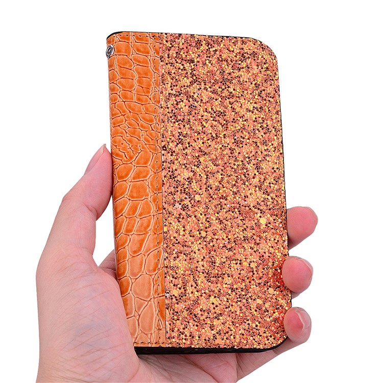 Crocodile Texture Glittery Sequins Splicing PU Leather Auto-absorbed Card Holder Casing for Huawei Mate 20 X - Orange-9