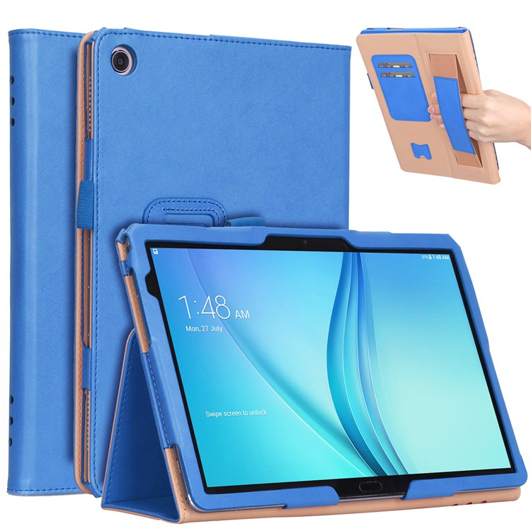 For Huawei Mediapad C5 10 / M5 Lite 10 PU Leather Flip Case / Card Slots / Stand / Hand Strap - Blue-1