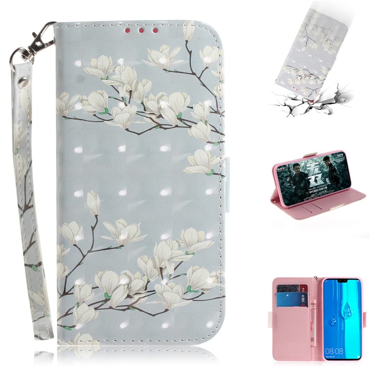 Patterned Leather Case Stand Phone Cover for Huawei Y9 (2019) / Enjoy 9 Plus - White Flower-1
