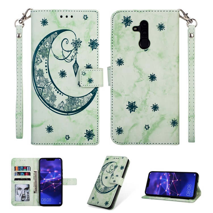 Imprinted Moon Pattern Marble Style Leather Mobile Casing for Huawei Mate 20 Lite / Maimang 7 - Green-1