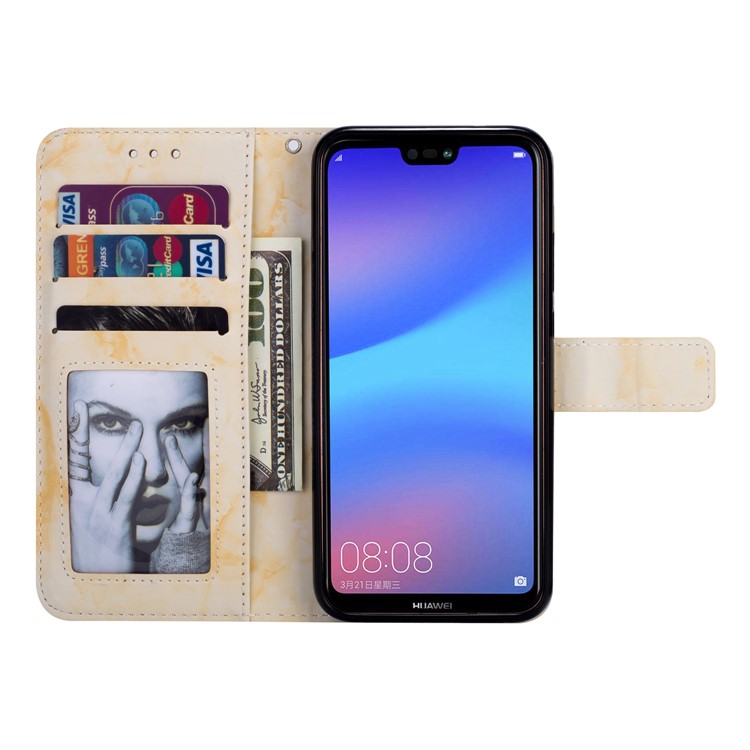 Imprinted Moon Pattern Marble Style Cell Phone Leather Wallet Phone Case for Huawei P20 Lite / Nova 3e (China) - Gold-7