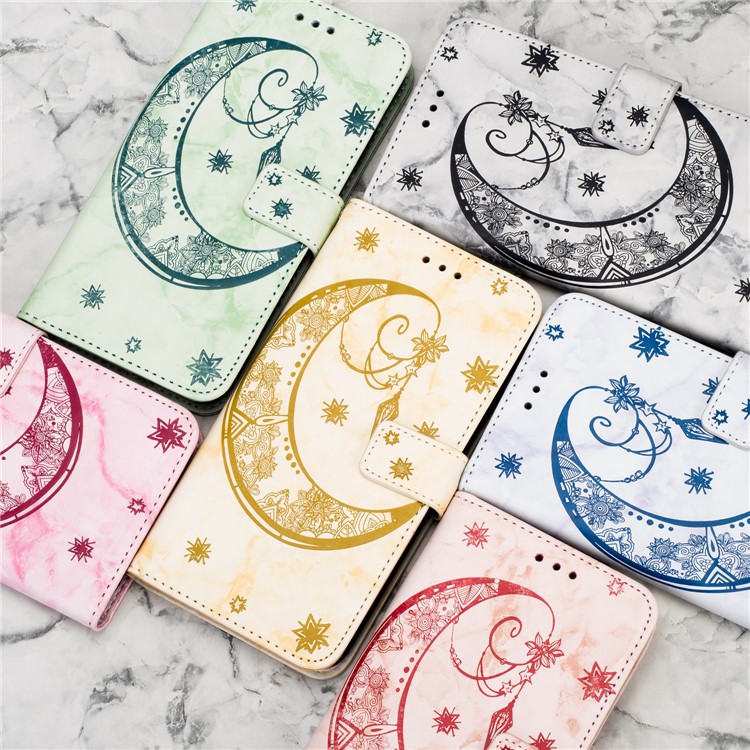 Imprinted Moon Pattern Marble Style Cell Phone Leather Wallet Phone Case for Huawei P20 Lite / Nova 3e (China) - Gold-9