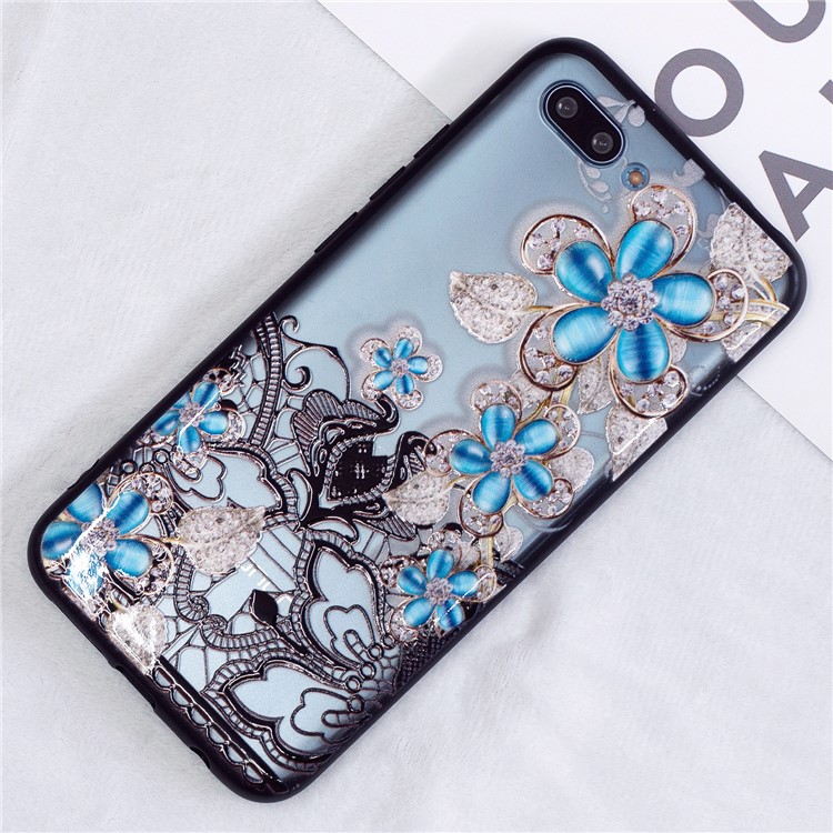 Embossment Lace Flower PC TPU Combo Mobile Phone Case for Huawei Honor 10 - Blue Flower-4