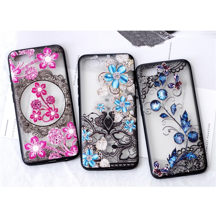 Embossment Lace Flower PC TPU Combo Mobile Phone Case for Huawei Honor 10 - Blue Flower-5
