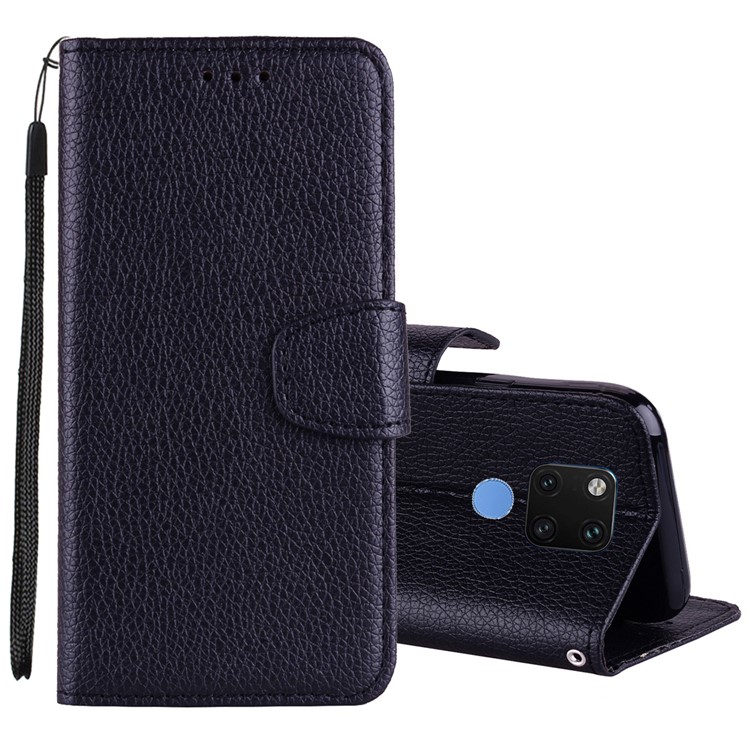 Litchi Texture Wallet Leather Stand Case with Strap for Huawei Mate 20 - Black-1