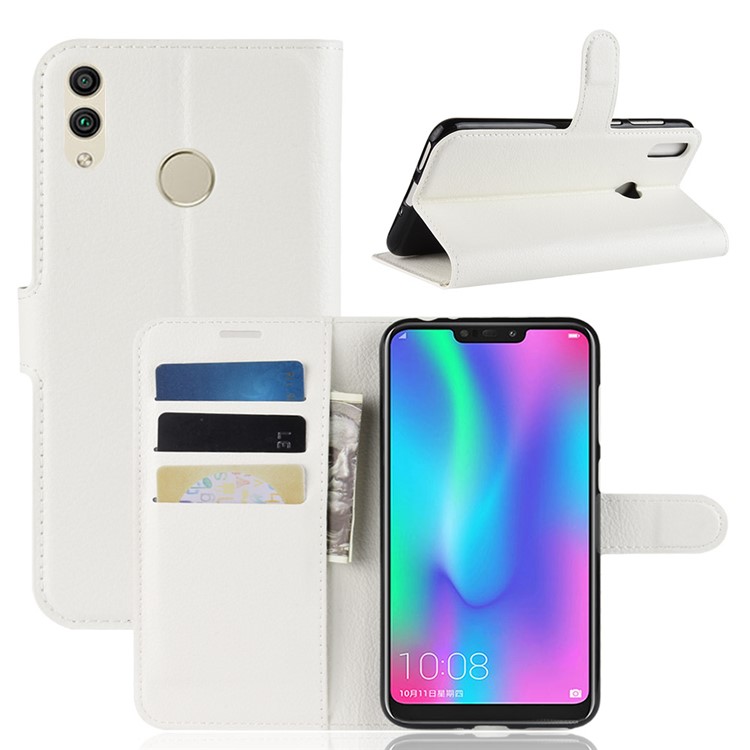Litchi Texture Wallet Stand Protective Leather Cover for Huawei Honor 8C - White-1