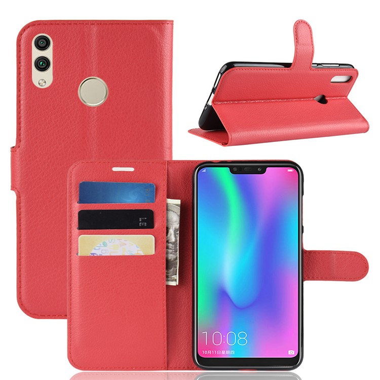 Litchi Texture Wallet Stand Protective Leather Shell for Huawei Honor 8C - Red-1