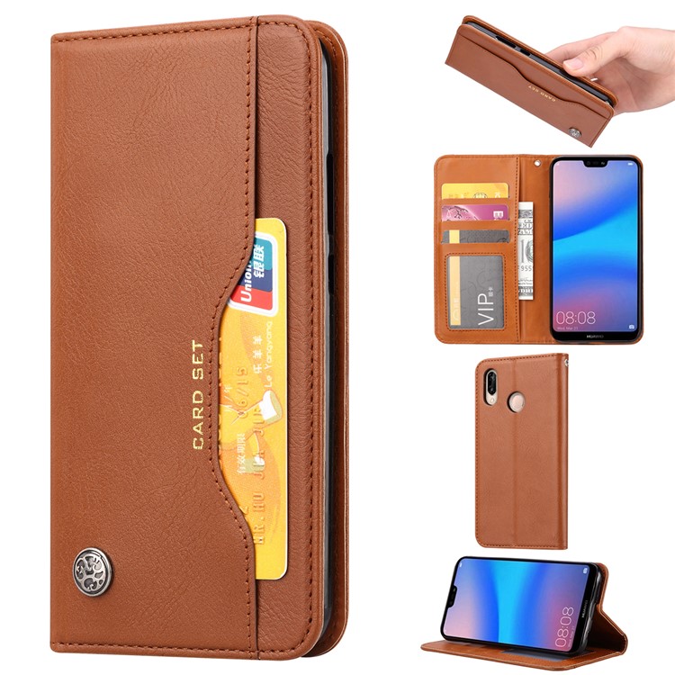 For Huawei Honor 8X Auto-absorbed Flip Leather [Wallet Stand] Phone Case - Brown-1