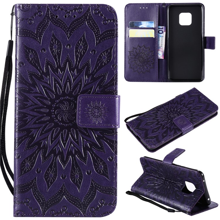 Imprint Sunflower Leather Stand Case with Card Slots for Huawei Mate 20 Pro - Purple-1