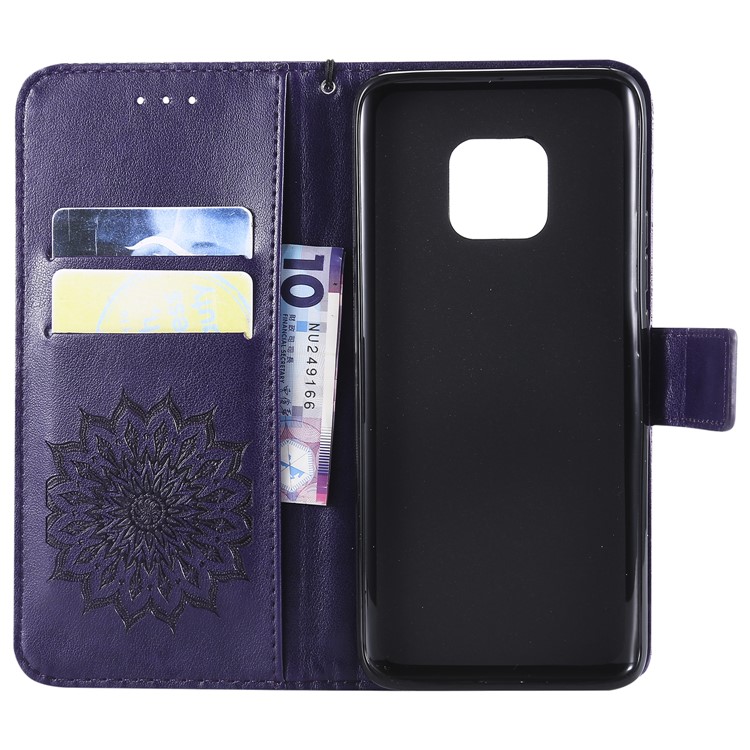 Imprint Sunflower Leather Stand Case with Card Slots for Huawei Mate 20 Pro - Purple-4