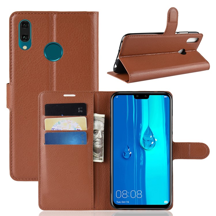 Litchi Skin Wallet Leather Mobile Phone Case for Huawei Y9 (2019) / Enjoy 9 Plus in China - Brown-1