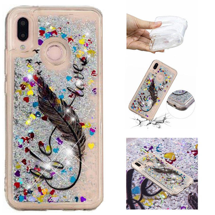 Dynamic Glitter Powder Heart Shaped Sequins Shockproof TPU Cover Case Shell for Huawei P20 Lite / Nova 3e (China) - Quill Pen-1
