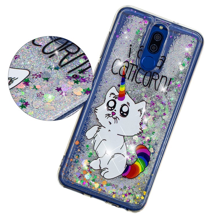 Dynamic Glitter Powder Heart Shaped Sequins Shockproof TPU Case for Huawei Mate 10 Lite - Unicorn and English Characters-3