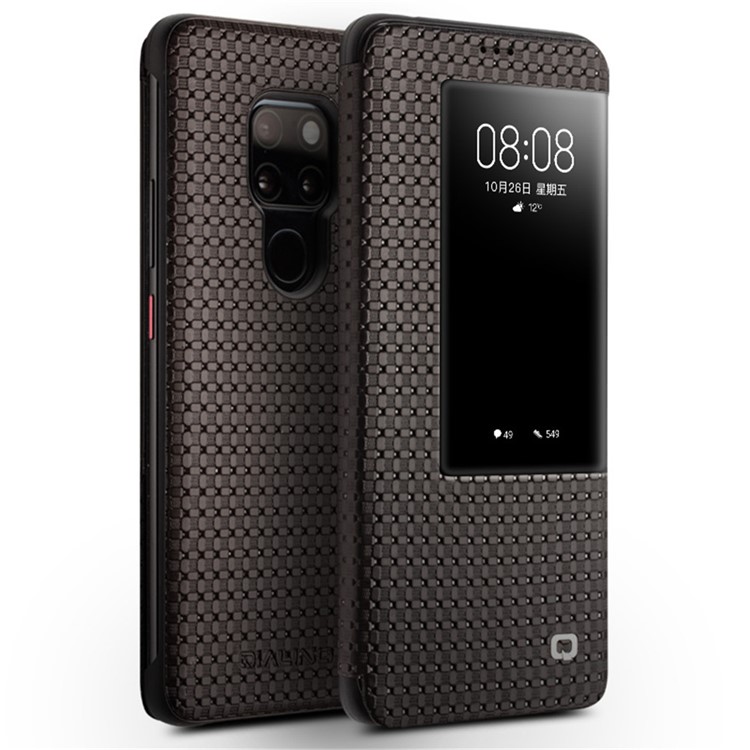 QIALINO for Huawei Mate 20 Grid Texture View Window Genuine Leather Stand Smart Cover - Brown