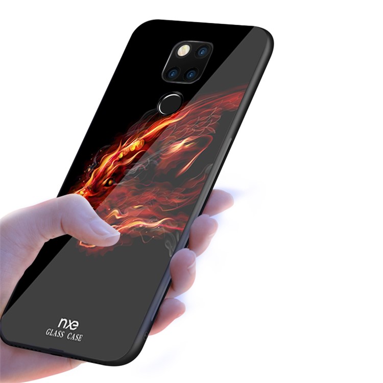 NXE Glass Case for Huawei Mate 20 Pattern Printing TPU Edges 9H Glass Panel Hybrid Phone Accessory Shell - Fire Dragon-4