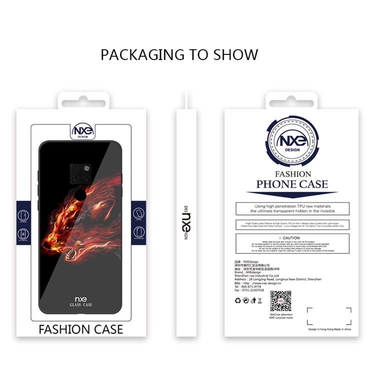 NXE Glass Case for Huawei Mate 20 Pattern Printing TPU Edges 9H Glass Panel Hybrid Phone Accessory Shell - Fire Dragon-6