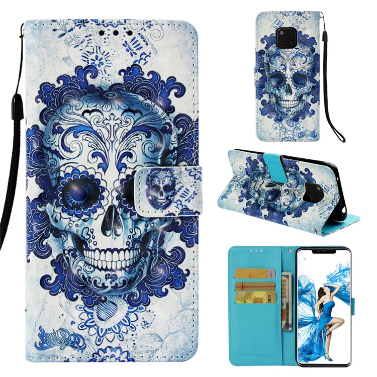 Pattern Printing PU Leather Wallet Case for Huawei Mate 20 Pro - Blue Skull and Flowers-1