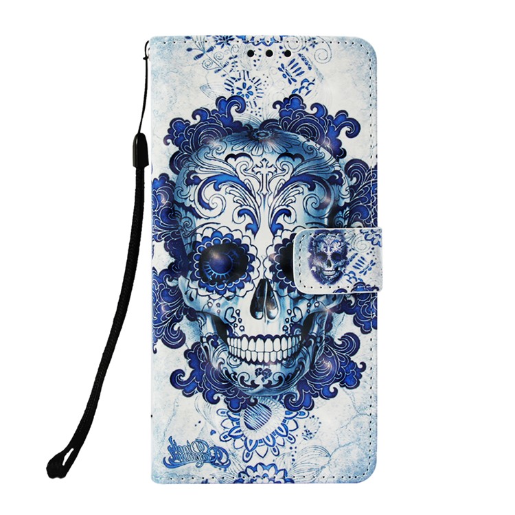 Pattern Printing PU Leather Wallet Case for Huawei Mate 20 Pro - Blue Skull and Flowers-2
