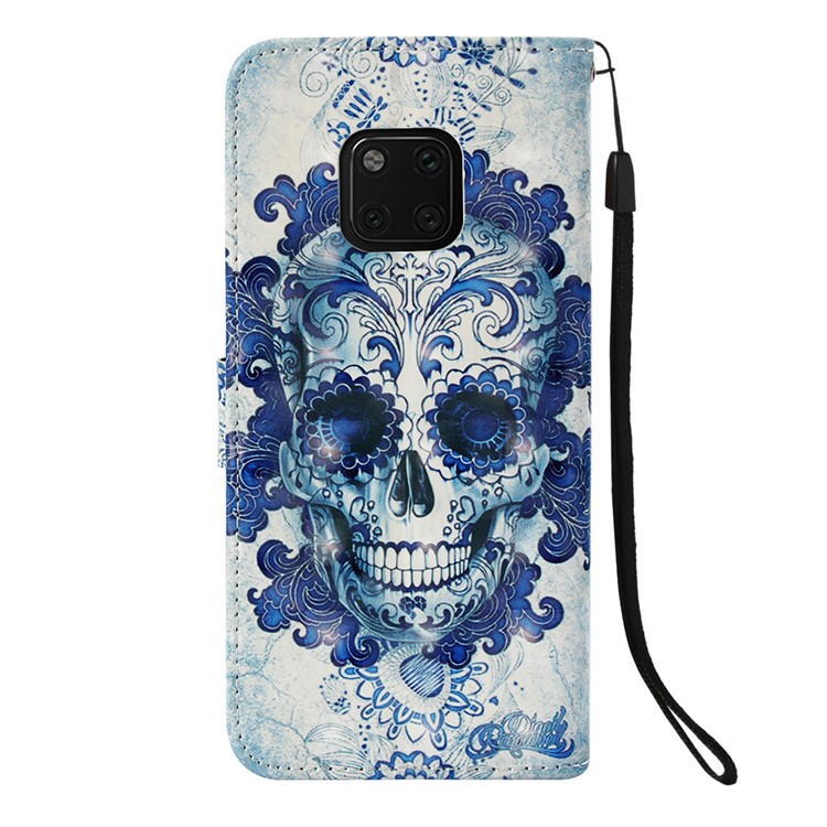 Pattern Printing PU Leather Wallet Case for Huawei Mate 20 Pro - Blue Skull and Flowers-3